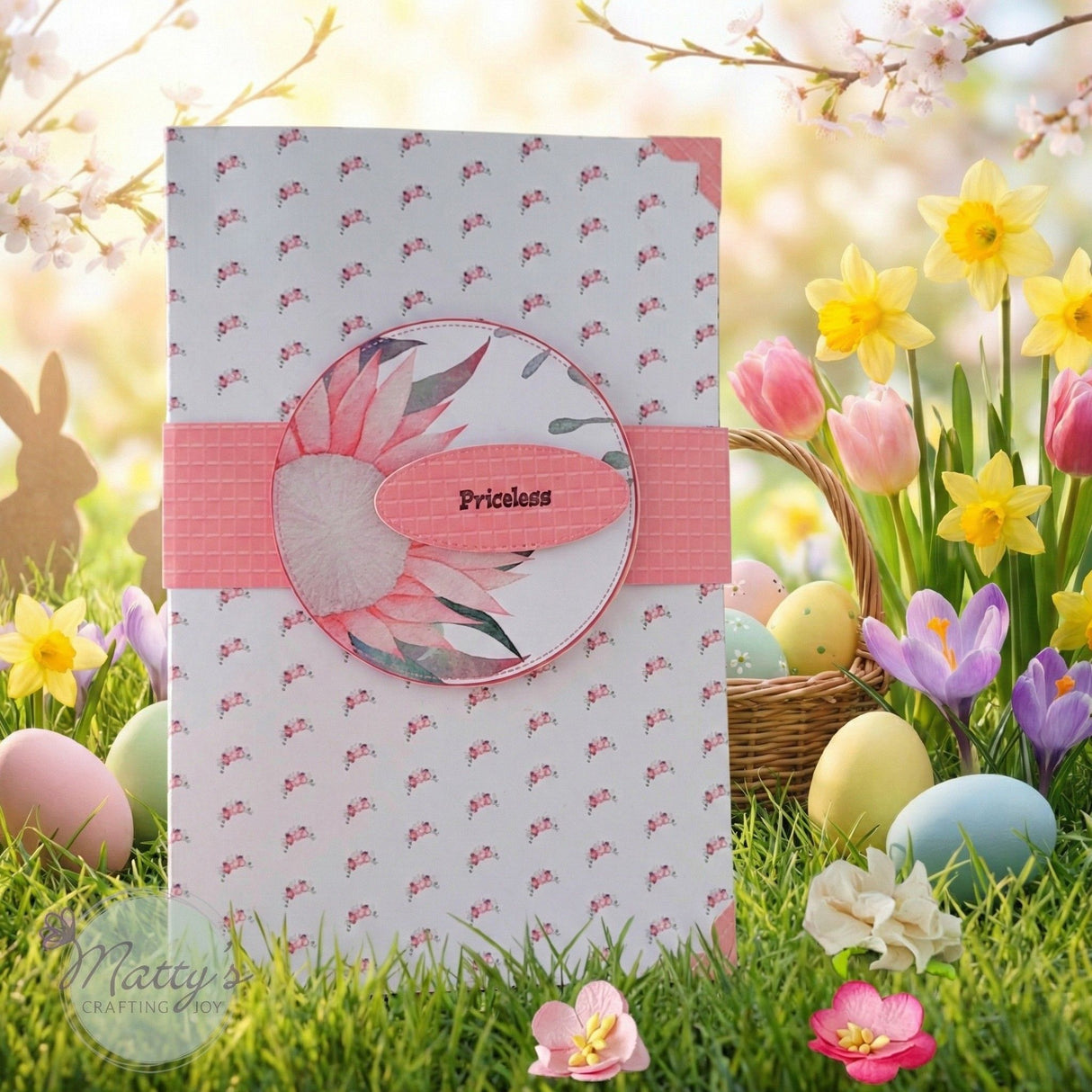 Floral folio album with 'Priceless' sentiment label on a spring / Easter background with flowers and eggs