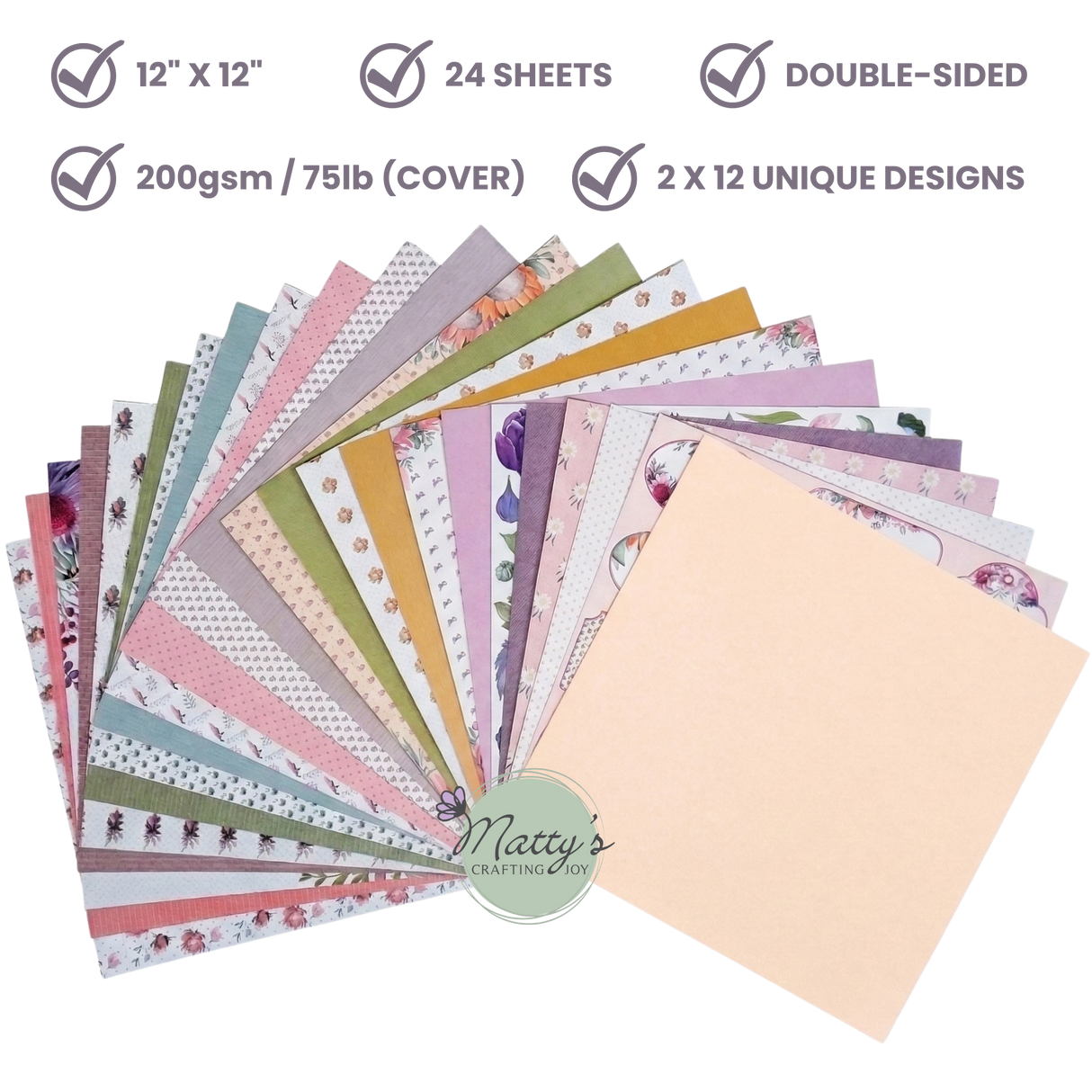 Infographic picture showing all the double-sided patterned cardstock of the Floral Grace scrapbook paper pad