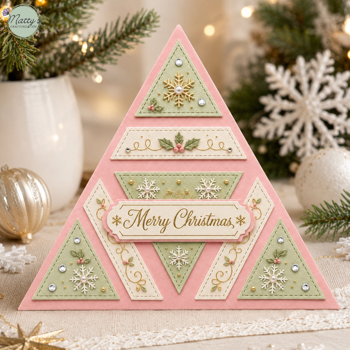 A handmade triangular fractured Christmas card with a pink base and layered light green and cream sections, decorated with snowflakes, gold foil details, and a central 'Merry Christmas' label. The card is styled on a table with holiday decorations, including pine branches, a white ornament, and a white snowflake, with warm bokeh lights in the background.