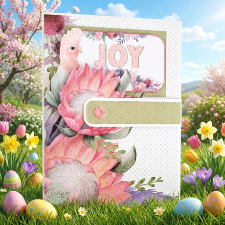 Easter album cover with floral design and 'JOY' sentiment label, set against a spring landscape with flowers and Easter eggs.