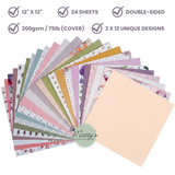 Infographic picture showing all the double-sided patterned cardstock of the Floral Grace scrapbook paper pad