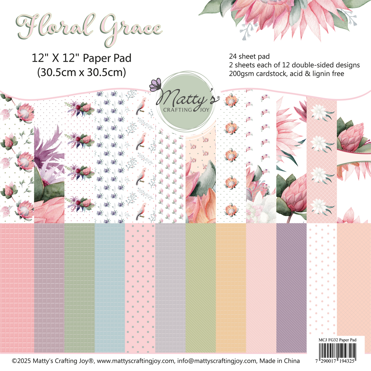 Floral Grace, double sided 12X12 cardstock, patterned cardstock, floral scrapbook paper, floral cardstock, scrapbooking supplies, patterned paper