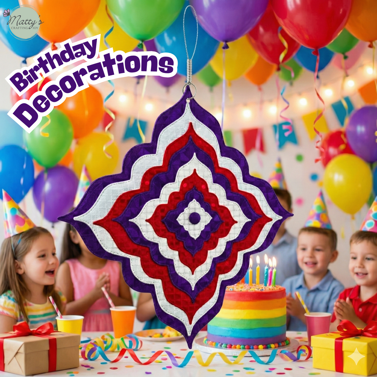 Decorative hanging ornament with colorful design in a birthday party setting, nesting dies, Christmas dies, nested dies, square die cuts, stitched dies, scrapbooking, card making, birthday die cut set