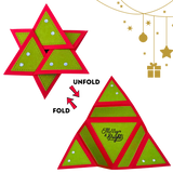 A Christmas-themed foldable paper pop-up ornament shown in two views on a white background: folded into a star shape at the top left, and unfolded into a layered triangular frame at the bottom right with the words 'Merry & Bright.' Red and lime green panels, small rhinestone-like dots, and a central arrow labeled 'UNFOLD' and 'FOLD' indicate the transformation.