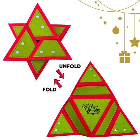 A Christmas-themed foldable paper pop-up ornament shown in two views on a white background: folded into a star shape at the top left, and unfolded into a layered triangular frame at the bottom right with the words 'Merry & Bright.' Red and lime green panels, small rhinestone-like dots, and a central arrow labeled 'UNFOLD' and 'FOLD' indicate the transformation.